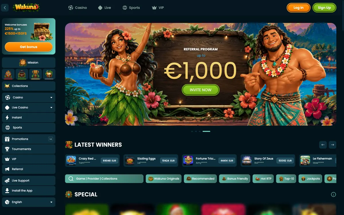 Startpagina van Wakuna Casino